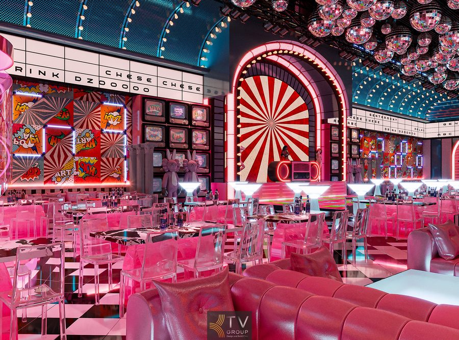 Thiết kế nhà hàng kết hợp Bar Lounge Beer Disco phong cách hiện đại với ánh sáng LED nổi bật, không gian sang trọng, thu hút khách và tối ưu trải nghiệm giải trí 2025. 