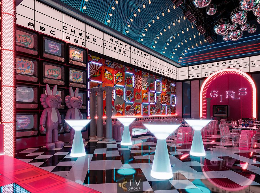 Khu VIP Bar Lounge thiết kế theo phong cách hiện đại, ánh sáng cảm xúc, phù hợp khách sang trọng và các bữa tiệc riêng tư trong mô hình nhà hàng – lounge – disco. 