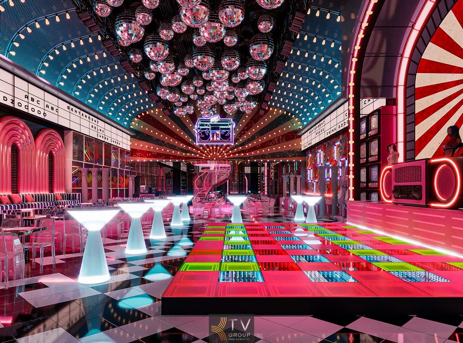 Không gian nhà hàng kết hợp Bar Lounge với tông màu đen – gold – tím tạo chiều sâu, nhấn mạnh cảm giác sang trọng và phù hợp xu hướng thiết kế 2025. 