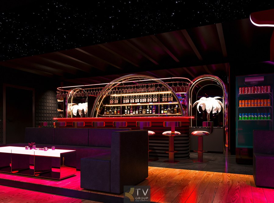Thiết kế trần và đèn LED tạo điểm nhấn cho phòng trà khiêu vũ sang trọng.  Phòng trà khiêu vũ với bàn ghế sofa cao cấp tạo cảm giác riêng tư. 