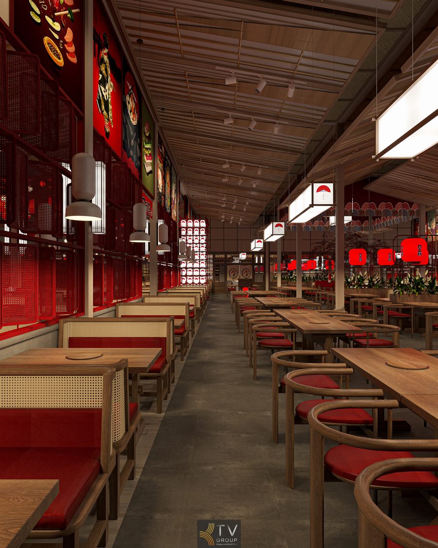 Khu vực ăn uống nhà hàng Japan BBQ với ghế mây, đệm đỏ và tường trang trí phong cách Nhật. Góc bàn ăn ấm cúng với nội thất gỗ và chi tiết mây đan trong nhà hàng Japan BBQ.