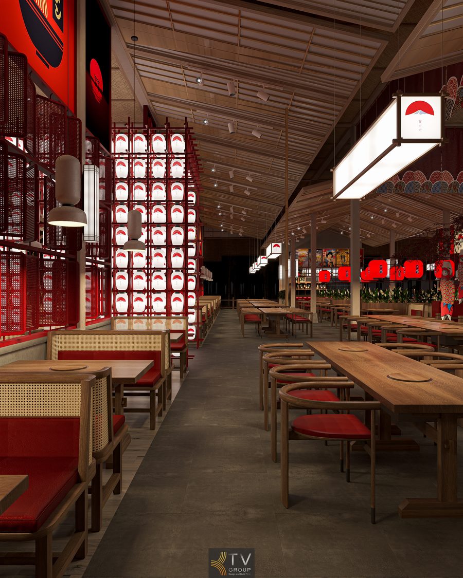 Không gian Japan BBQ nổi bật với sắc đỏ và hệ thống tranh Nhật treo tường. Bàn ghế gỗ kết hợp ghế tựa mây đan mang phong cách Nhật trong nhà hàng BBQ.