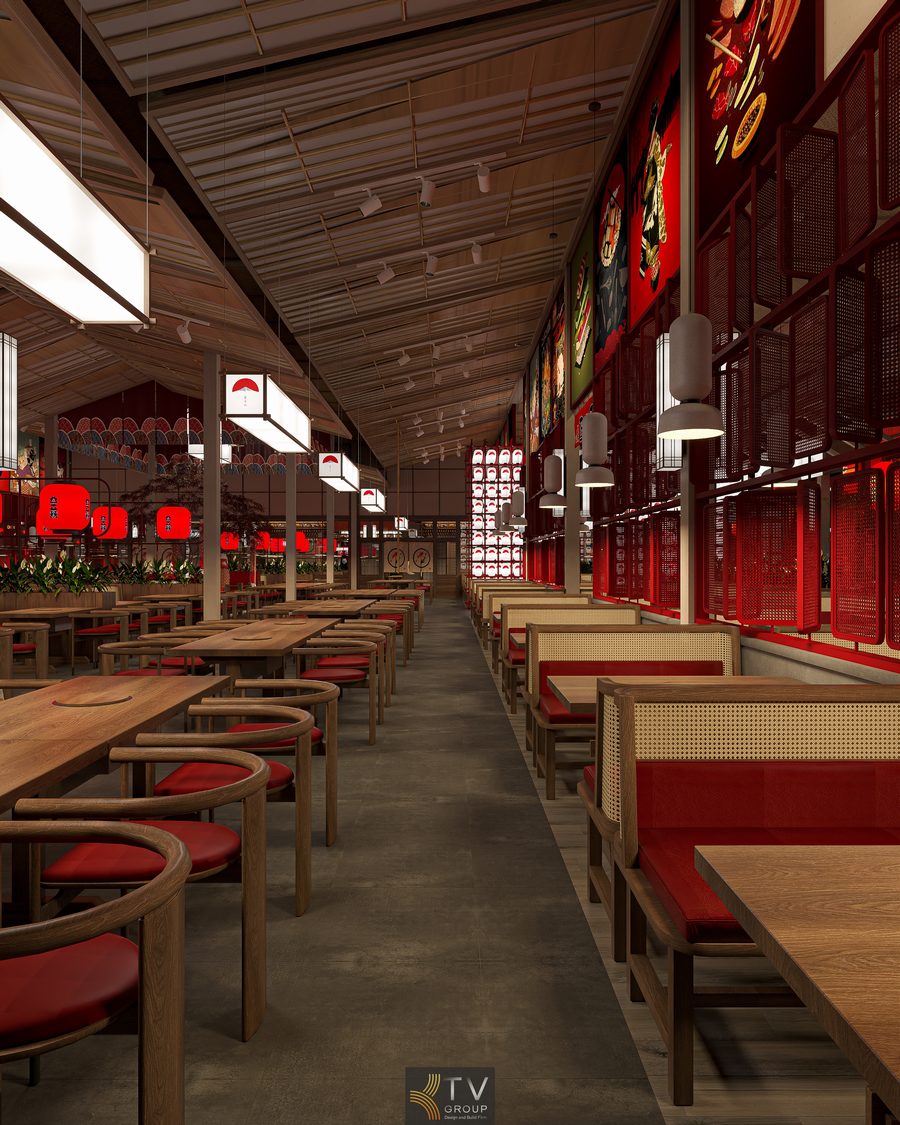 Khu vực ghế ngồi ốp mây và đệm đỏ mang hơi thở Nhật Bản trong nhà hàng BBQ. Không gian ẩm thực Japan BBQ rực rỡ với tường tranh và đèn phong cách Nhật. Thiết kế nội thất nhà hàng BBQ với bàn gỗ và ghế mây phối đệm đỏ.