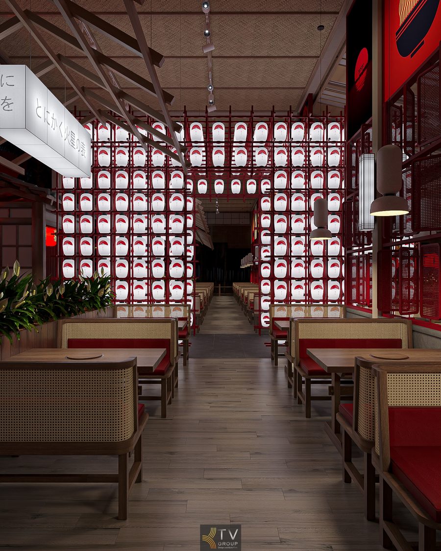 Góc nhìn dãy bàn ăn liền kề vách trang trí đỏ của nhà hàng Japan BBQ. Khu bàn ăn 2 người với phong cách Nhật Bản đặc trưng trong nhà hàng BBQ.