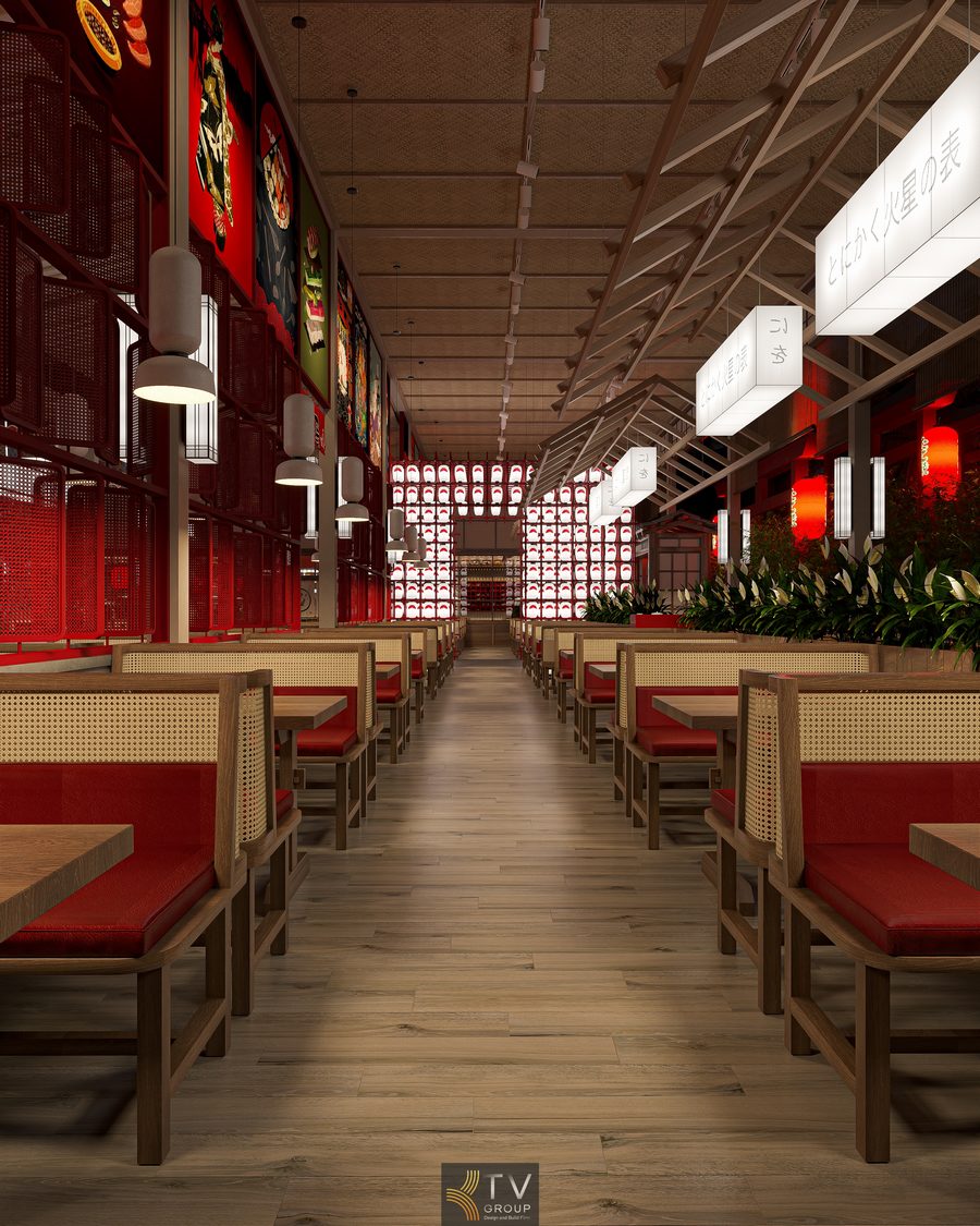 Hệ thống tường tranh Nhật và vách lưới đỏ nổi bật trong nhà hàng BBQ. Nội thất Japan BBQ kết hợp gỗ, mây đan và sắc đỏ tạo cảm giác ấm áp.