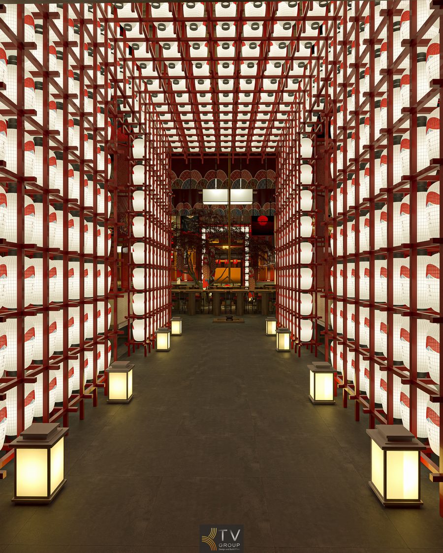 Khu vực seating nhà hàng Japan BBQ mang thiết kế gỗ sang trọng và hiện đại. Dãy bàn ăn với ghế mây đệm đỏ của nhà hàng mang phong cách Nhật.