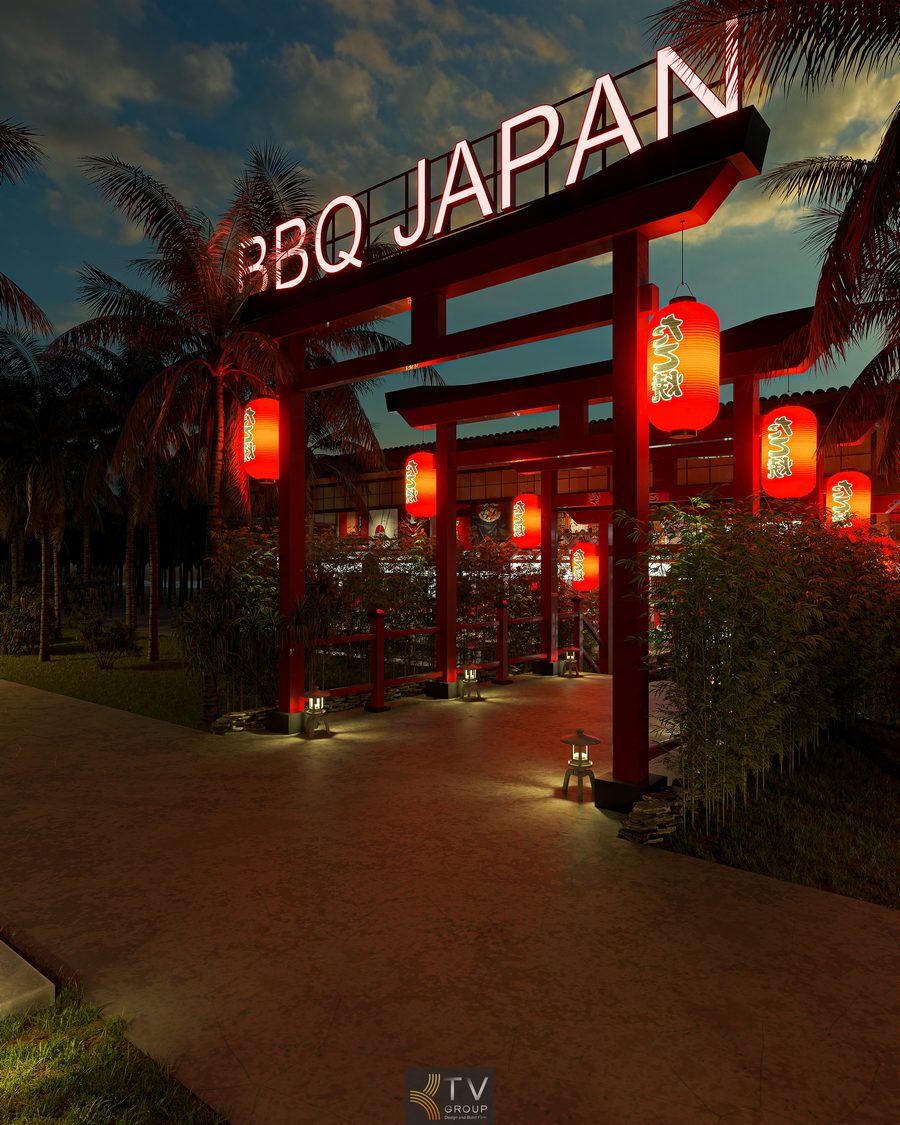 Không gian Japan BBQ tinh tế với ánh sáng ấm và tường trang trí đỏ. Góc nội thất nhà hàng BBQ với bố trí bàn ghế gỗ hài hòa.