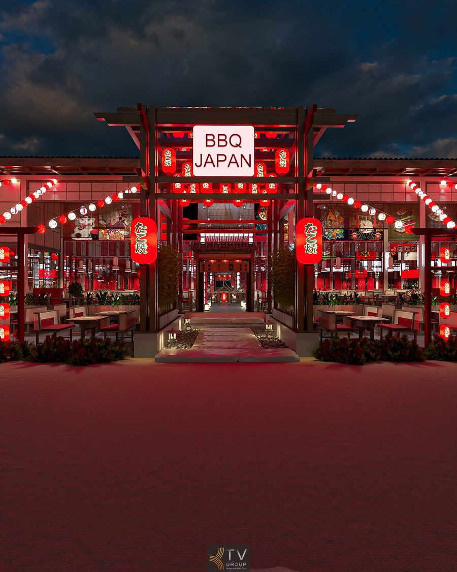 Nhà hàng JAPAN BBQ phong cách Nhật Bản với đèn lồng đỏ, lối đi trung tâm và thiết kế kiến trúc nổi bật về đêm