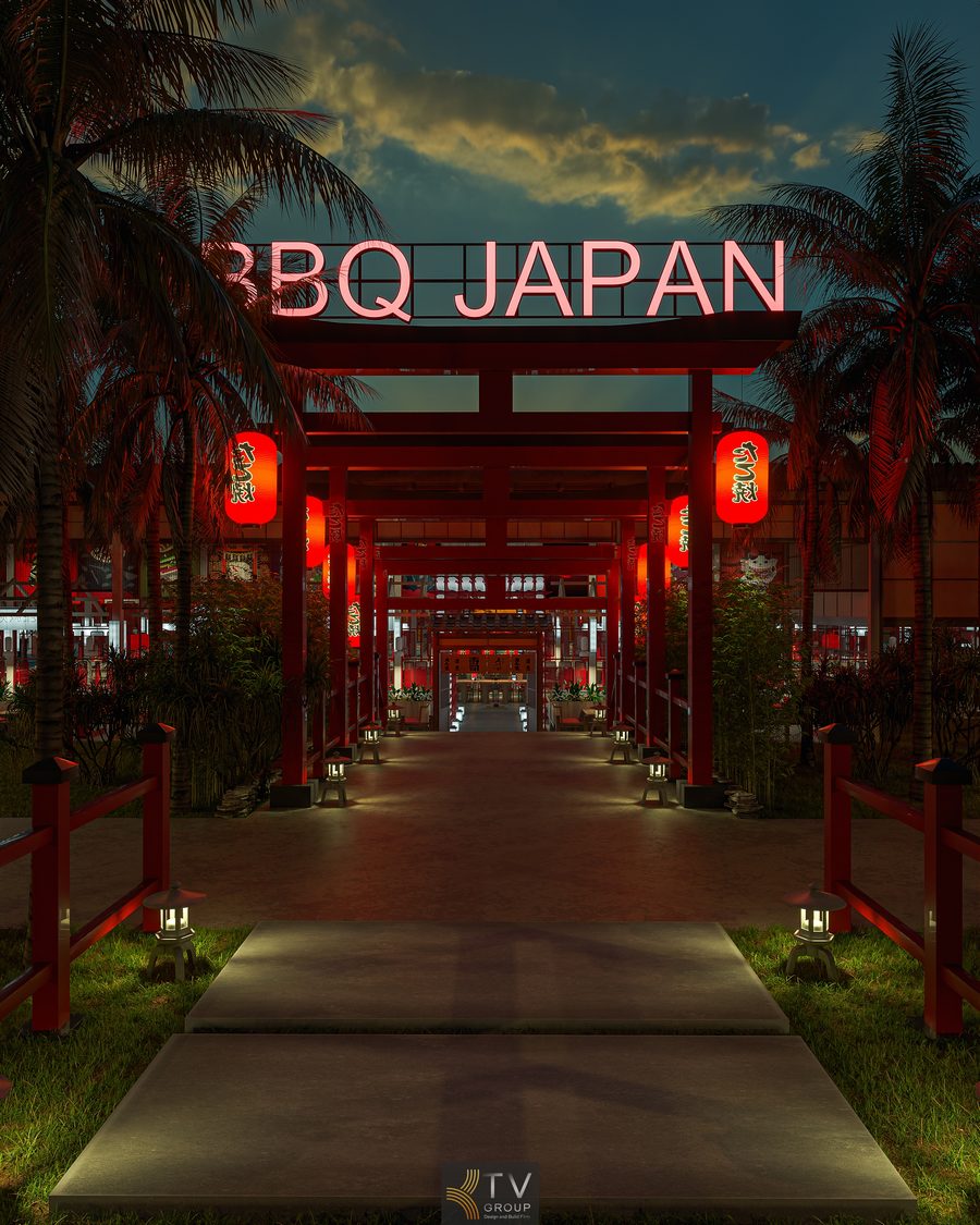 Lối vào nhà hàng JAPAN BBQ với cổng Torii đỏ, đèn lồng Nhật Bản và thiết kế ánh sáng nổi bật về đêm