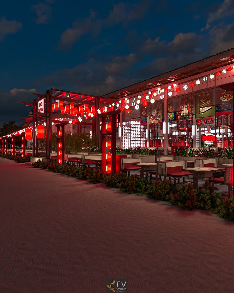 Phong cách trang trí đậm sắc Nhật với tranh và vách đỏ trong nhà hàng BBQ. Khu vực ngồi ăn ấm áp với tông gỗ và đỏ trong nhà hàng Japan BBQ.