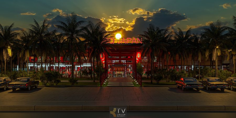 Không gian Japan BBQ hiện đại nhưng vẫn giữ nét truyền thống Nhật. Bố trí bàn ghế mây đệm đỏ tạo điểm nhấn cho phong cách Japan BBQ.