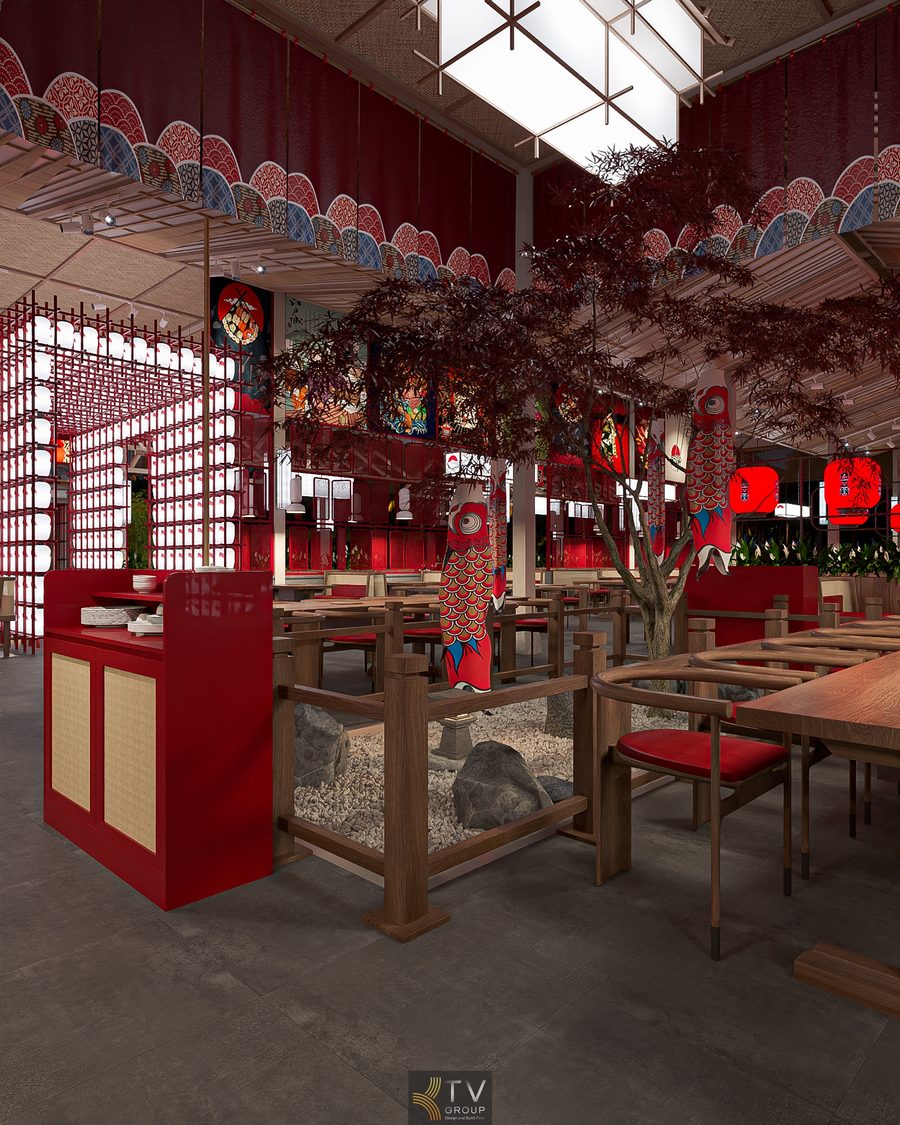 Không gian Japan BBQ hiện đại nhưng vẫn giữ nét truyền thống Nhật. Bố trí bàn ghế mây đệm đỏ tạo điểm nhấn cho phong cách Japan BBQ. 2