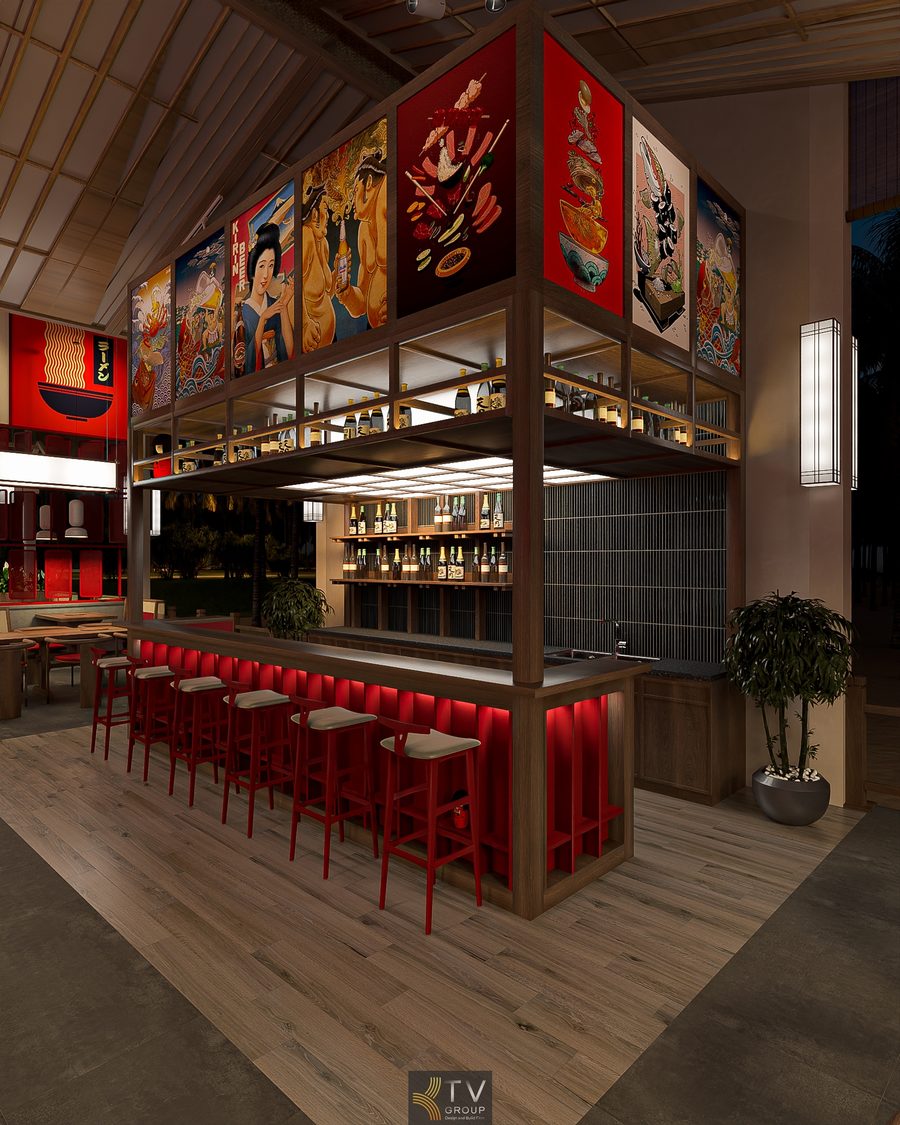 Dự án thiết kế và thi công nhà hàng Japan BBQ được thực hiện theo phong cách Nhật Bản hiện đại, kết hợp ánh sáng ấm, chất liệu gỗ tự nhiên và các mảng trang trí truyền thống. Không gian bar trung tâm nổi bật với hệ thống kệ trưng bày rượu, ghế đỏ tạo điểm nhấn và tranh nghệ thuật Nhật Bản giúp mang lại trải nghiệm ẩm thực tinh tế và đậm chất văn hóa.