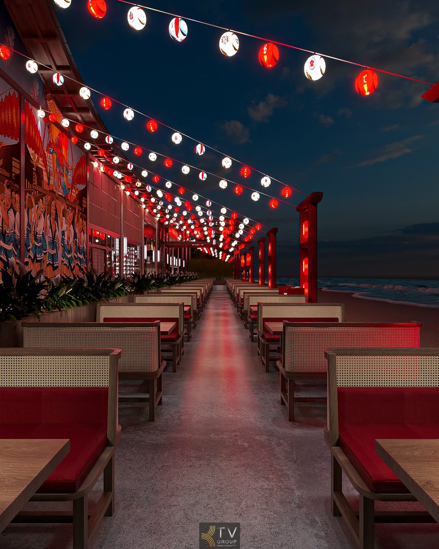 Không gian Japan BBQ hiện đại nhưng vẫn giữ nét truyền thống Nhật. Bố trí bàn ghế mây đệm đỏ tạo điểm nhấn cho phong cách Japan BBQ. 5