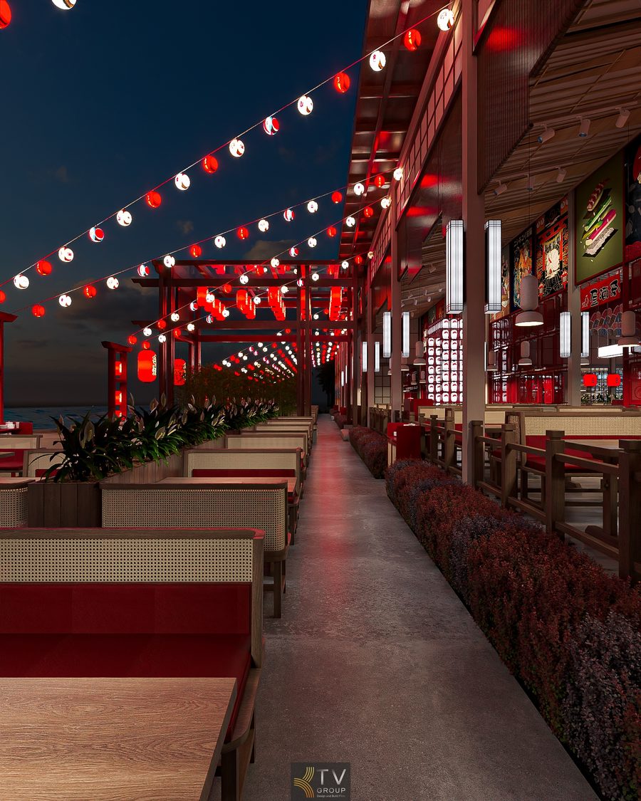 Không gian Japan BBQ hiện đại nhưng vẫn giữ nét truyền thống Nhật. Bố trí bàn ghế mây đệm đỏ tạo điểm nhấn cho phong cách Japan BBQ. 7