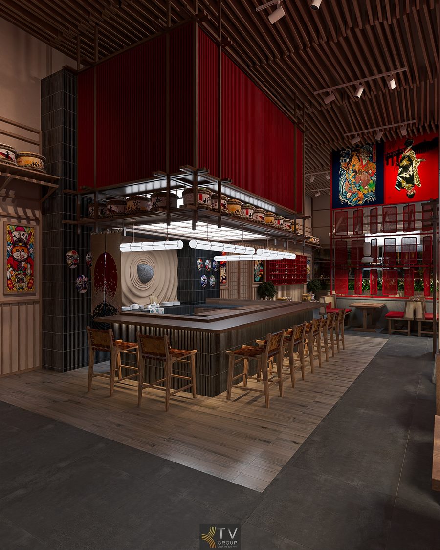 Không gian Japan BBQ hiện đại nhưng vẫn giữ nét truyền thống Nhật. Bố trí bàn ghế mây đệm đỏ tạo điểm nhấn cho phong cách Japan BBQ. 8