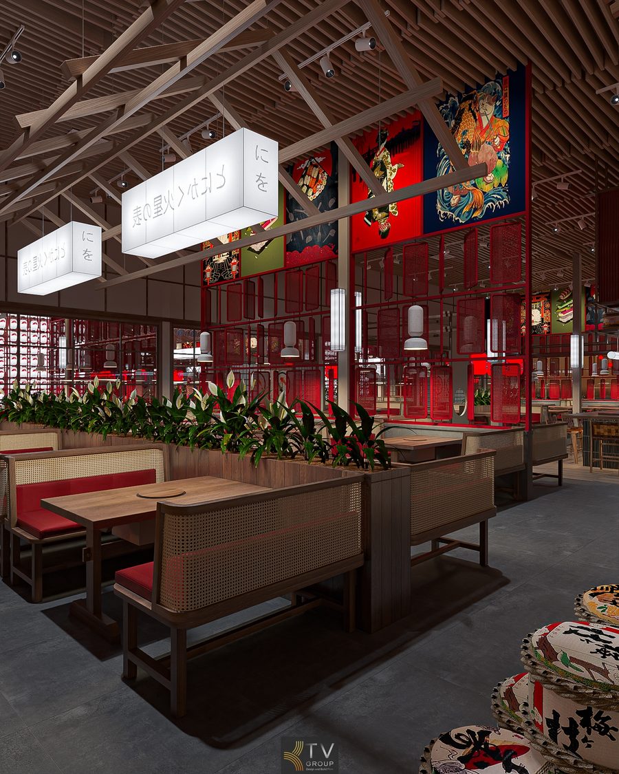 Không gian Japan BBQ hiện đại nhưng vẫn giữ nét truyền thống Nhật. Bố trí bàn ghế mây đệm đỏ tạo điểm nhấn cho phong cách Japan BBQ. 10