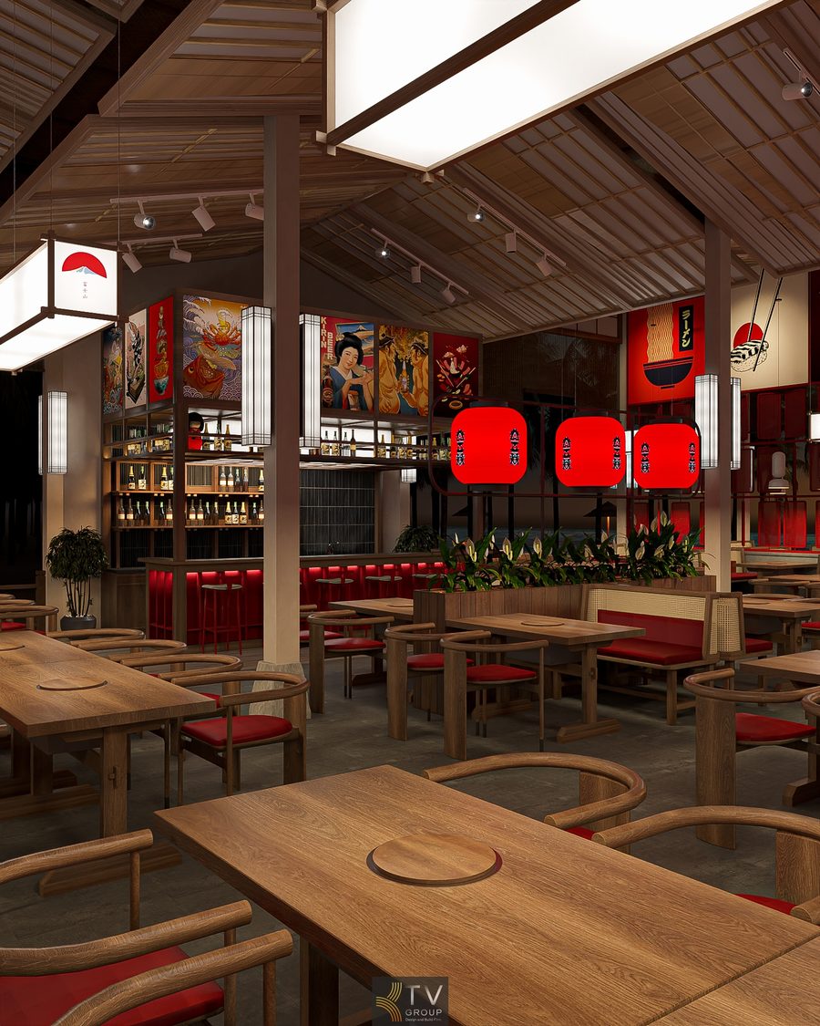 Không gian Japan BBQ hiện đại nhưng vẫn giữ nét truyền thống Nhật. Bố trí bàn ghế mây đệm đỏ tạo điểm nhấn cho phong cách Japan BBQ. 11