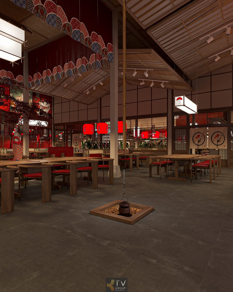Không gian nhà hàng Japan BBQ với bàn gỗ, đèn lồng đỏ Nhật Bản và khu vực bếp lửa truyền thống irori ở trung tâm