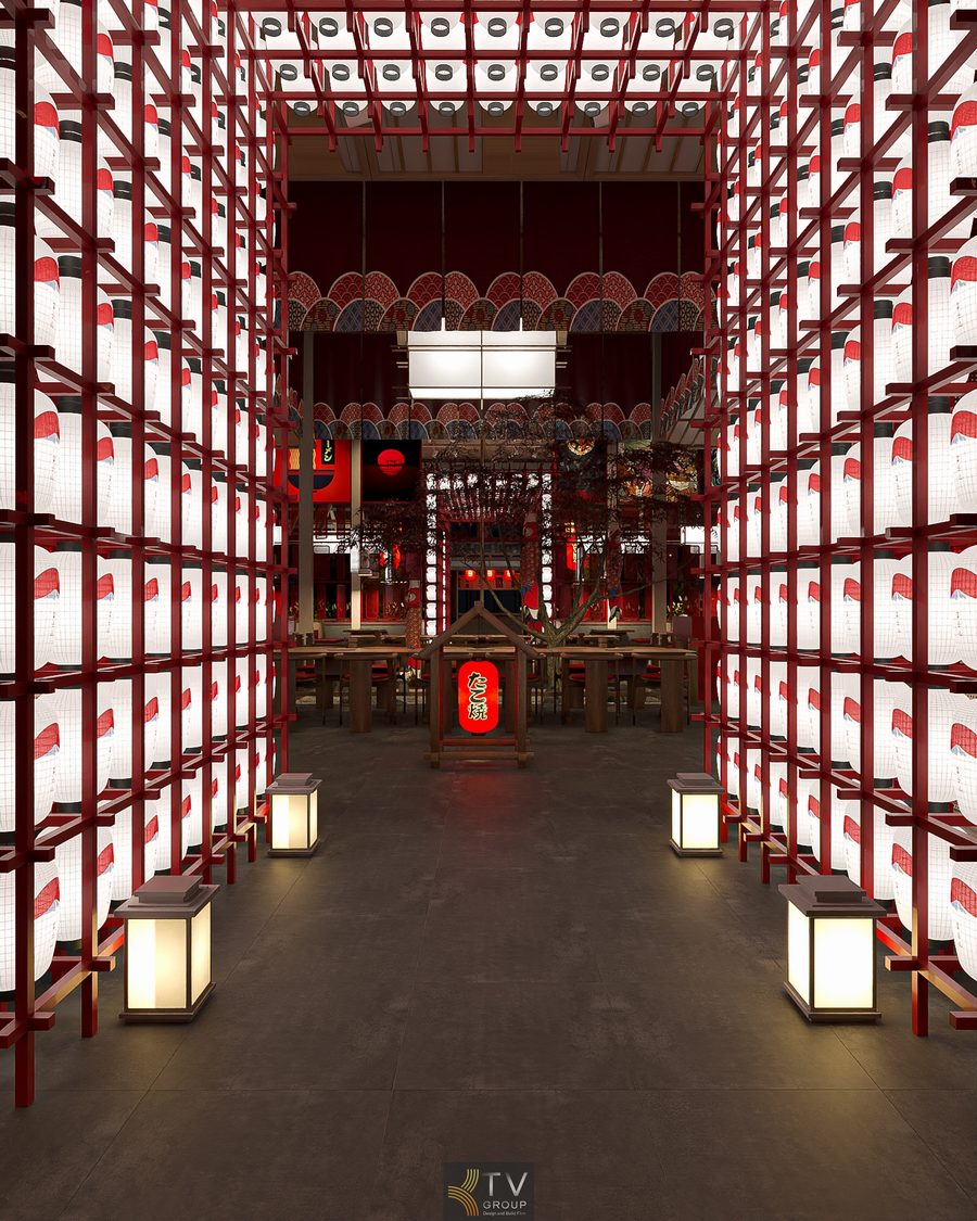 Không gian nhà hàng Japan BBQ gây ấn tượng mạnh với lối vào được thiết kế bằng hệ thống đèn lồng Nhật Bản sắp xếp đối xứng, tạo cảm giác trang trọng và thu hút ngay từ bước đầu tiên. Tông màu đỏ – trắng đặc trưng kết hợp các chi tiết kiến trúc truyền thống giúp mang lại trải nghiệm thị giác nổi bật và đậm chất văn hóa Nhật Bản.