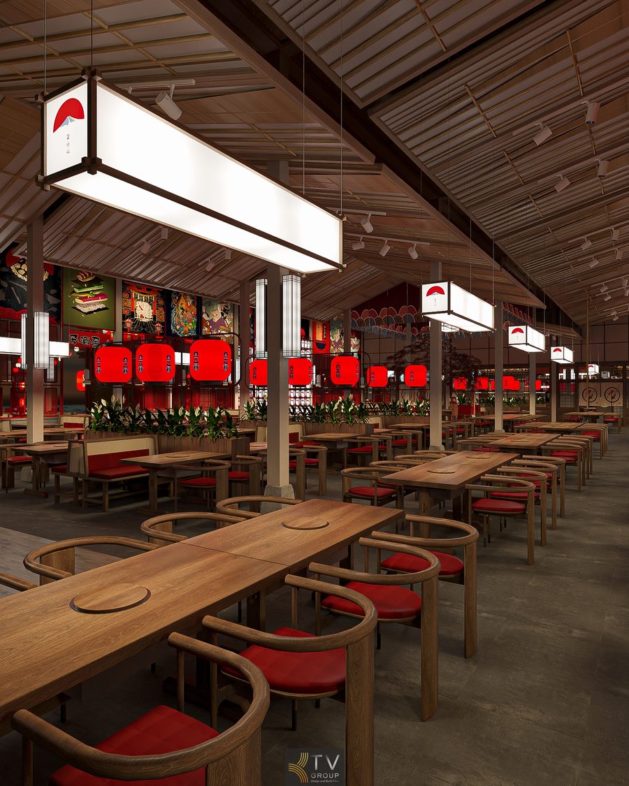 Không gian nội thất nhà hàng Japan BBQ với bàn ghế gỗ, đệm đỏ và hệ thống đèn lồng Nhật Bản treo dọc theo trần, tạo không khí ấm cúng và hiện đại.