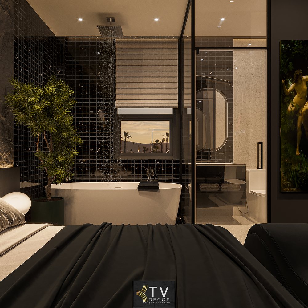 Thiết kế phòng Love Hotel với ánh trăng trang trí, giường tông đen – không gian Netflix thư giãn và bồn tắm sang trọng – KTV Decor