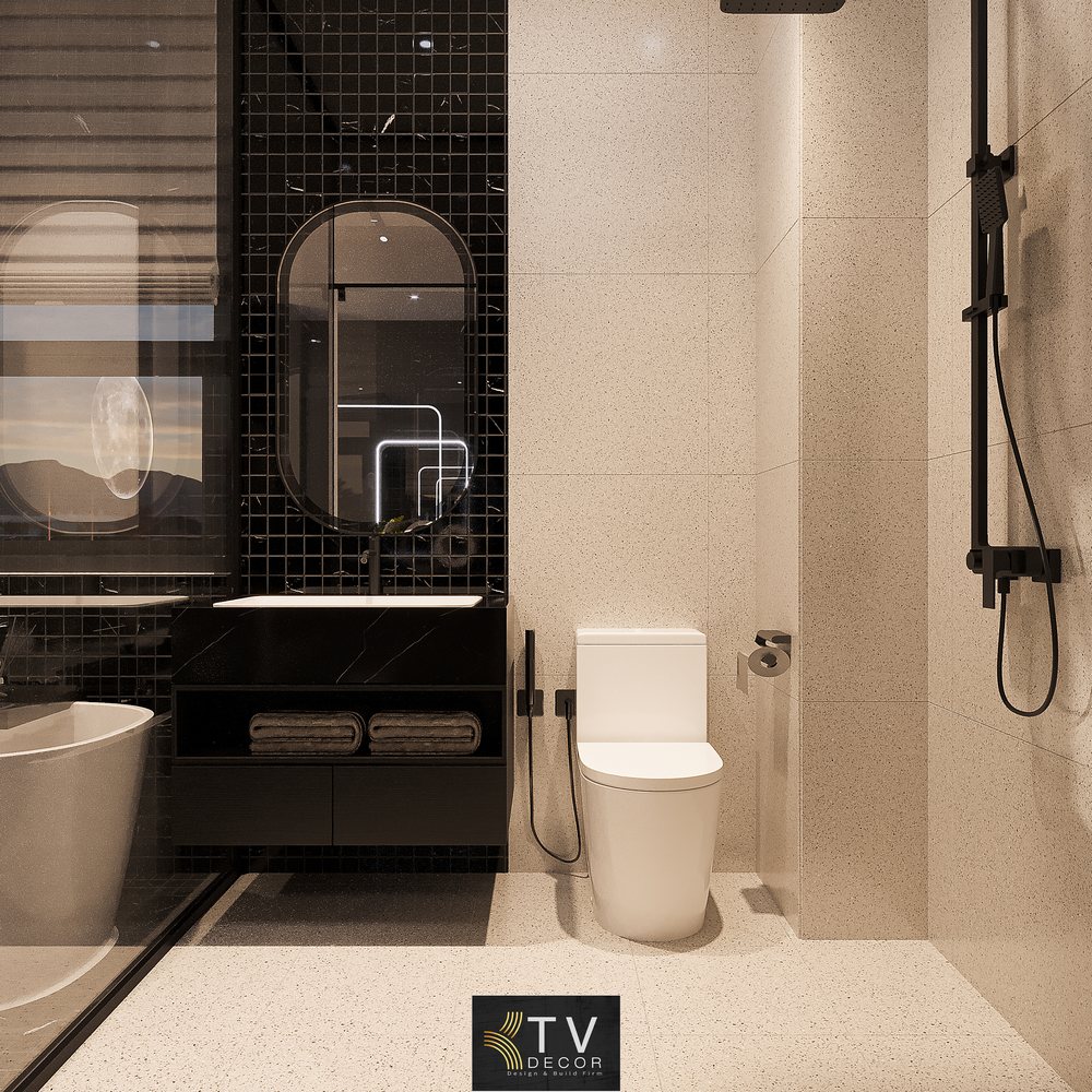 thiết kế phòng khách sạn tình yêu với tone màu đen chủ đạo, giường hiện đại, bồn tắm thư giãn và ánh trăng trang trí tạo điểm nhấn nghệ thuật.