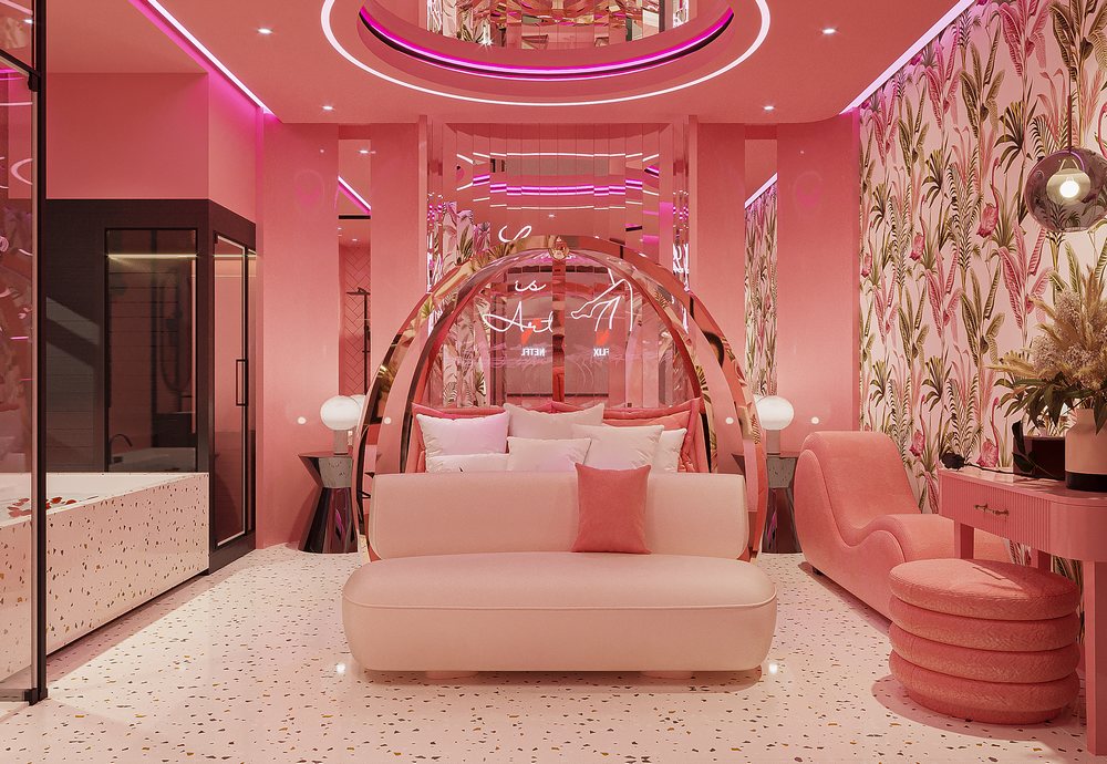 Thiết kế phòng khách sạn tình yêu tone hồng pastel nổi bật, giường mái vòm, ghế tantra, sàn đá terrazzo – KTV Decor