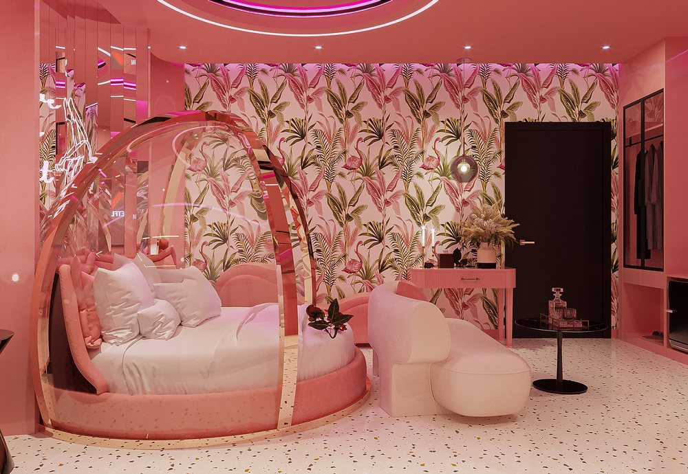 Thiết kế phòng Love Hotel có bồn tắm terrazzo và không gian ánh sáng hồng nghệ thuật – KTV Decor