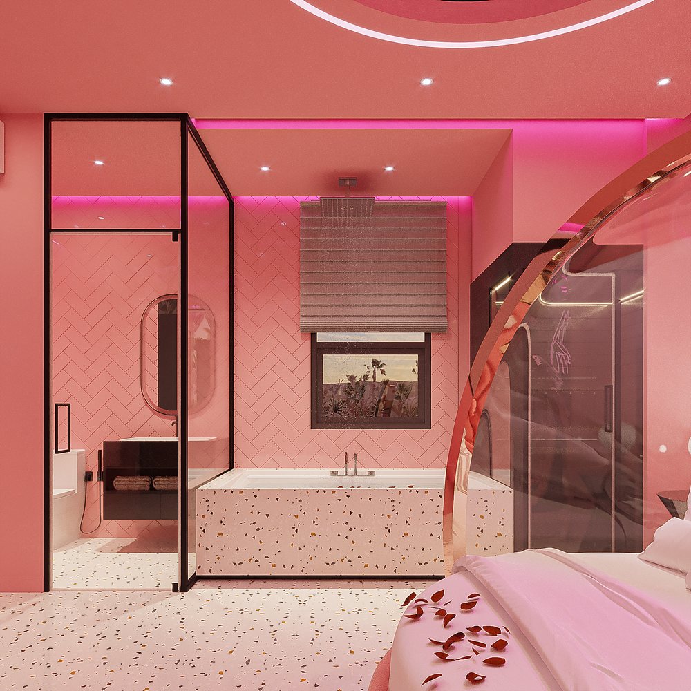 Không gian phòng khách sạn tone hồng, hiện đại với bồn tắm terrazzo hướng ánh sáng tự nhiên