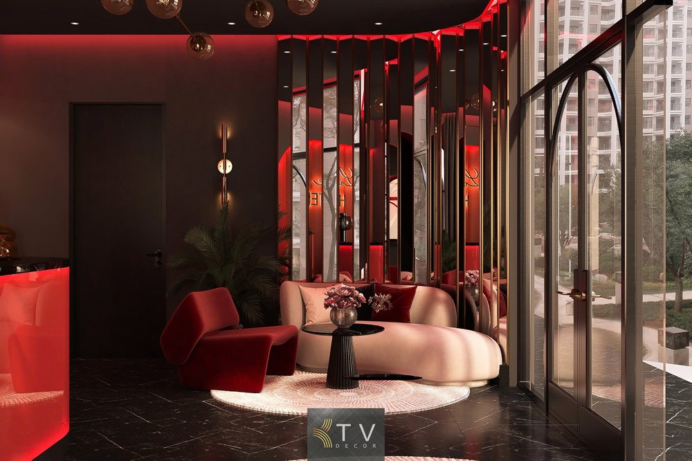 Thiết kế sảnh khách sạn tình yêu với gam màu đỏ đen, ánh sáng led và nội thất cao cấp do KTV Decor thực hiện