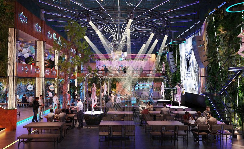 Thiết kế thi công nhà hàng Beer Garden tại TP.HCM với sân khấu biểu diễn, hệ thống đèn LED hiện đại và không gian cây xanh ấn tượng.