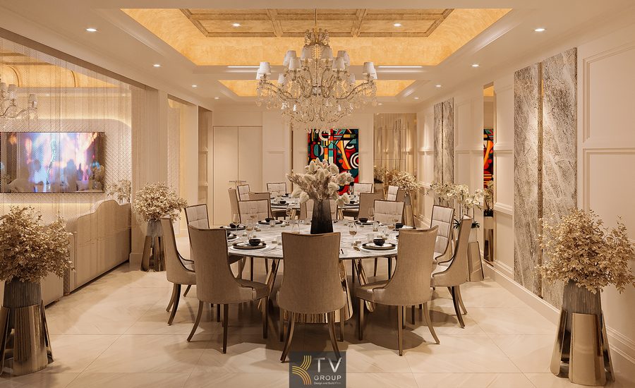 Không gian phòng VIP mang phong cách Luxury Modern với tông kem – vàng sang trọng, đèn chùm pha lê nổi bật và bàn tiệc tròn trung tâm. Nội thất cao cấp kết hợp ánh sáng ấm tạo nên một trải nghiệm riêng tư, tinh tế, phù hợp các buổi tiếp khách và tiệc quan trọng.