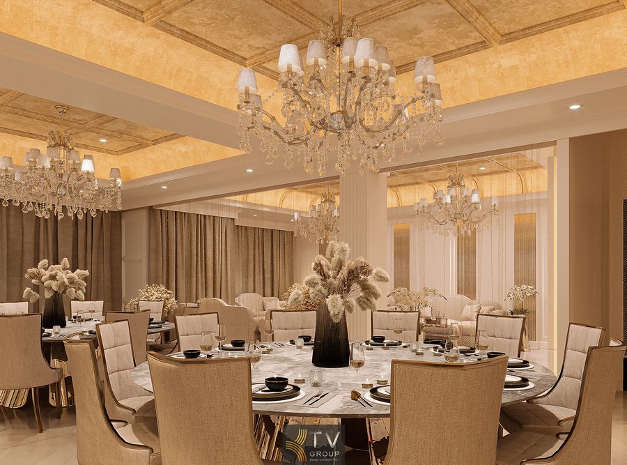 Phòng VIP ghi dấu với phong cách Luxury hiện đại: trần giật cấp vàng champagne, đèn chùm pha lê, nội thất kem thanh lịch và chi tiết décor ấn tượng. Tất cả hòa quyện thành một không gian riêng tư đẳng cấp, phù hợp các buổi gặp gỡ cao cấp.