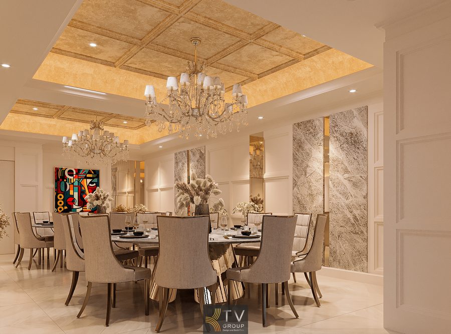 Phòng VIP được thiết kế tinh tế với trần giật cấp ánh vàng, đèn pha lê và bàn tiệc lớn sang trọng. Các mảng tường đá vân mây và decor hoa nghệ thuật tạo nên không gian đẳng cấp, ấm cúng, lý tưởng cho nhóm khách yêu cầu sự riêng tư và trải nghiệm thượng hạng.