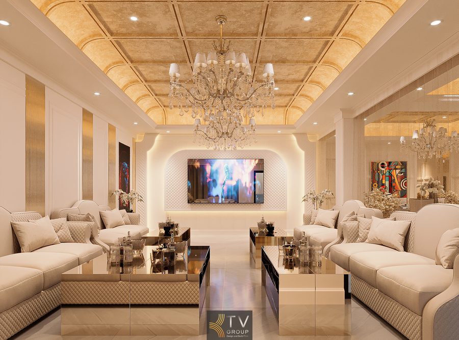 Phòng VIP sở hữu bố cục đối xứng hoàn hảo, sofa nệm sáng màu, bàn kính ánh gold và trần giật cấp độc đáo. Ánh sáng ấm kết hợp décor nghệ thuật giúp không gian trở nên sang trọng, thanh lịch và tạo ấn tượng mạnh ngay từ cái nhìn đầu tiên.