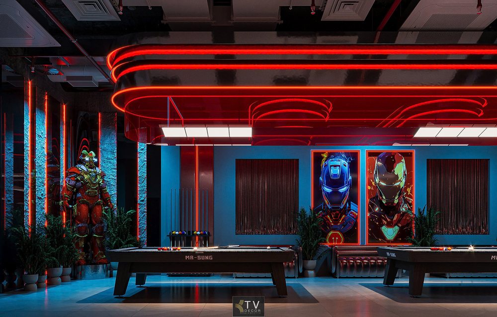 Không gian Club Billiard - BiDa thiết kế bởi KTV DECOR với ánh sáng neon đỏ, decor Iron Man và phong cách cyber hiện đại
