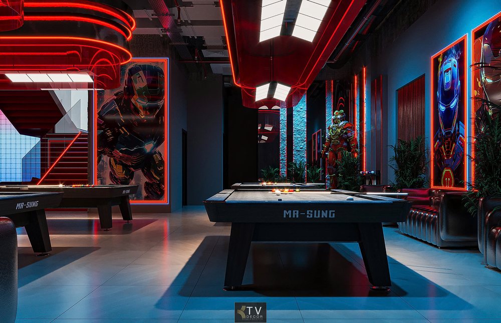 Không gian Club Billiard - BiDa phong cách cyberpunk với tranh Iron Man, bàn MA-SUNG, trần đèn LED hiện đại do KTV DECOR thiết kế