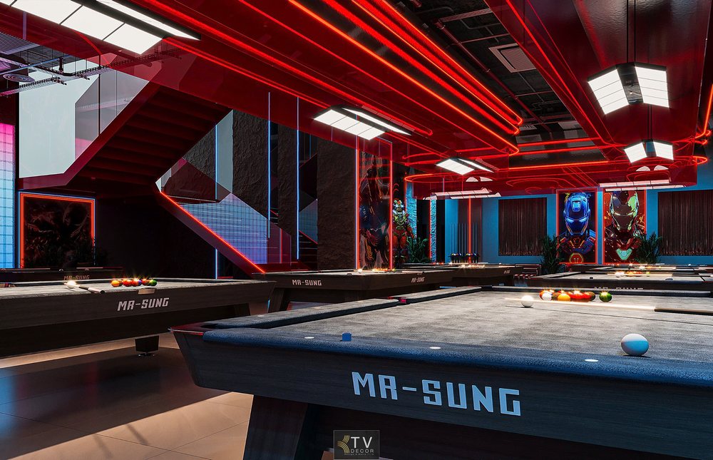 Không gian Club Billiard với bàn MA-SUNG, trần đèn LED đỏ, tranh Iron Man cỡ lớn, ánh sáng cyberpunk ấn tượng do KTV DECOR thiết kế