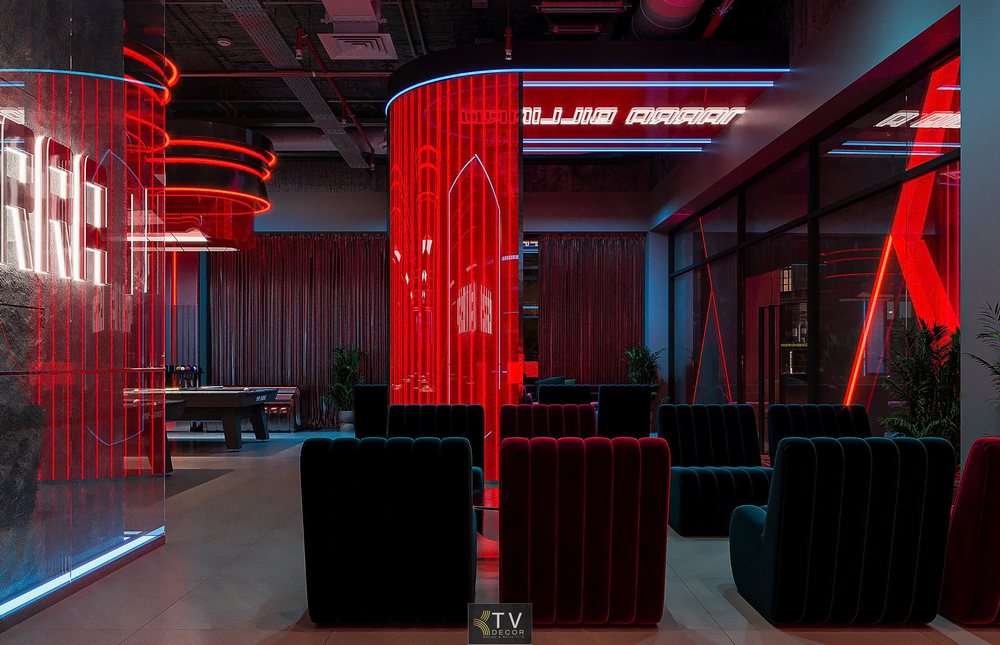 Thiết kế nội thất Club BiDa với ánh sáng neon đỏ hiện đại và ghế nhung cao cấp – KTV Decor