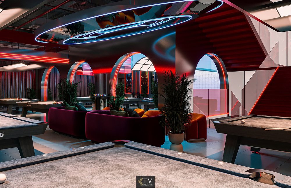 Thiết kế nội thất Club Billiard phong cách hiện đại với ánh sáng LED, ghế sofa màu nổi và bàn bi-da chuyên nghiệp – KTV DECOR
