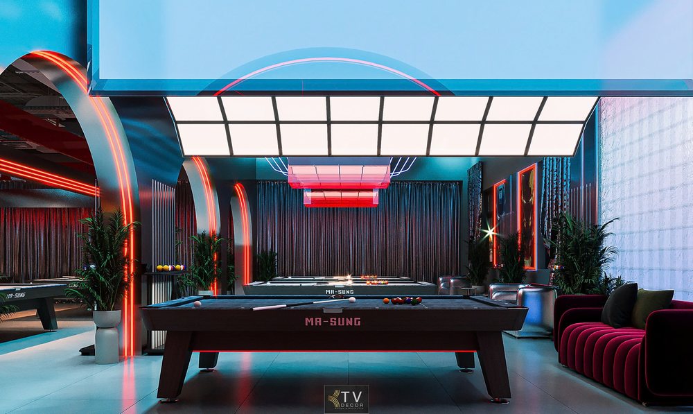 Thiết kế club bida hiện đại với trần LED dạng lưới khối học, bàn MA-SUNG chuyên nghiệp và nội thất cao cấp – thực hiện bởi KTV DECOR