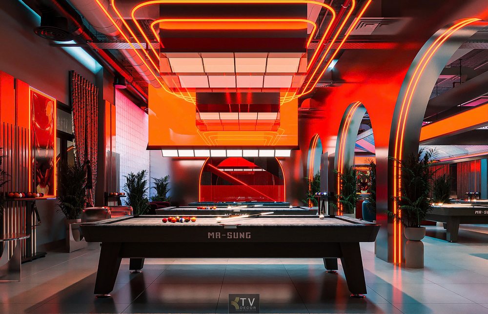 Khám phá dự án thiết kế Club BiDa cao cấp với phong cách Neon hiện đại, ánh sáng ấn tượng, bố cục không gian tối ưu do KTV DECOR thực hiện. Sự kết hợp hoàn hảo giữa công năng và thẩm mỹ.