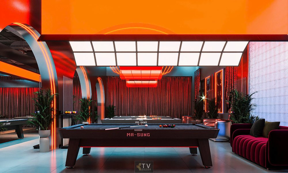THIẾT KẾ thể hiện không gian Club BiDa được thiết kế cực kỳ tinh tế và mạnh mẽ với điểm nhấn là hệ trần LED khối vuông đều, ánh sáng trắng kết hợp cam đỏ rực rỡ. Bàn bida thương hiệu MA-SUNG được bố trí ngay dưới dải trần, giúp ánh sáng tập trung tạo độ chính xác cao trong từng đường bi.