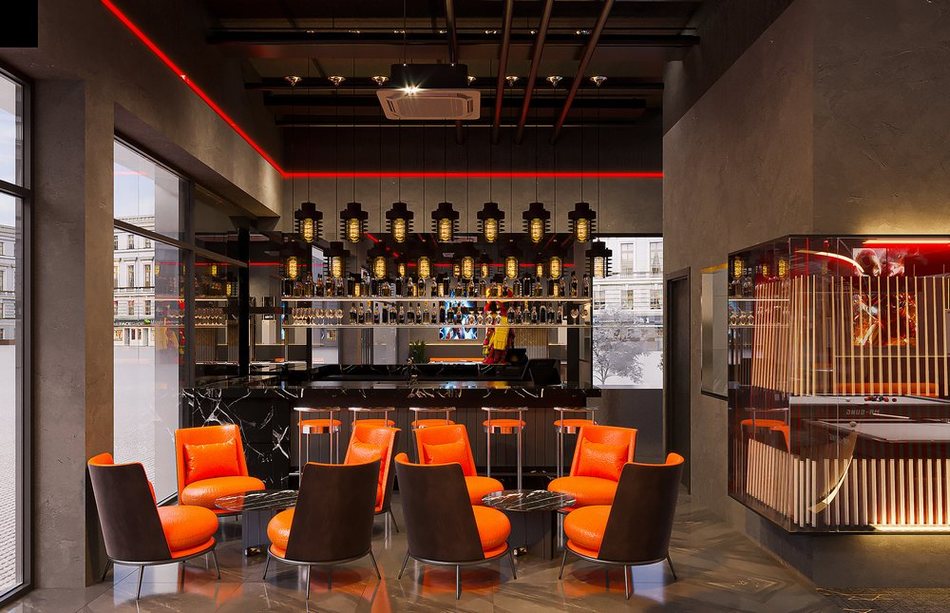 Thiết kế quầy bar hiện đại trong Billiards Club với ghế cam nổi bật, đèn treo trang trí và không gian sang trọng, chuyên nghiệp.