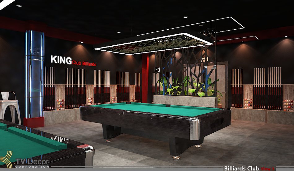 thiết kế thi công quán bida KING Club – không gian bida hiện đại, ánh sáng cao cấp, decor chuyên nghiệp