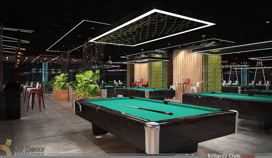 : thiết kế thi công quán bida hiện đại – không gian Billiards Club sang trọng với cây xanh, bàn bida chuẩn thi đấu, đèn LED trang trí ấn tượng