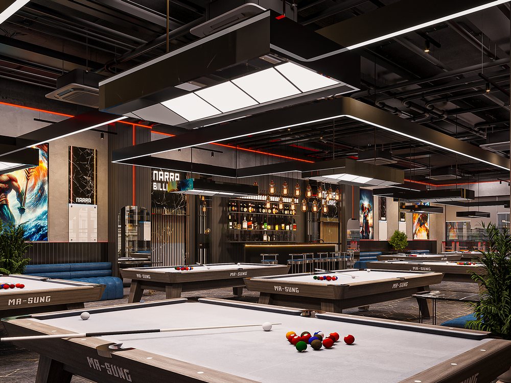 Không gian tầng 2 Club Billiard NARRA với bàn bi-da, khu vực quầy bar hiện đại, ánh sáng trần LED và tranh trang trí ấn tượng.