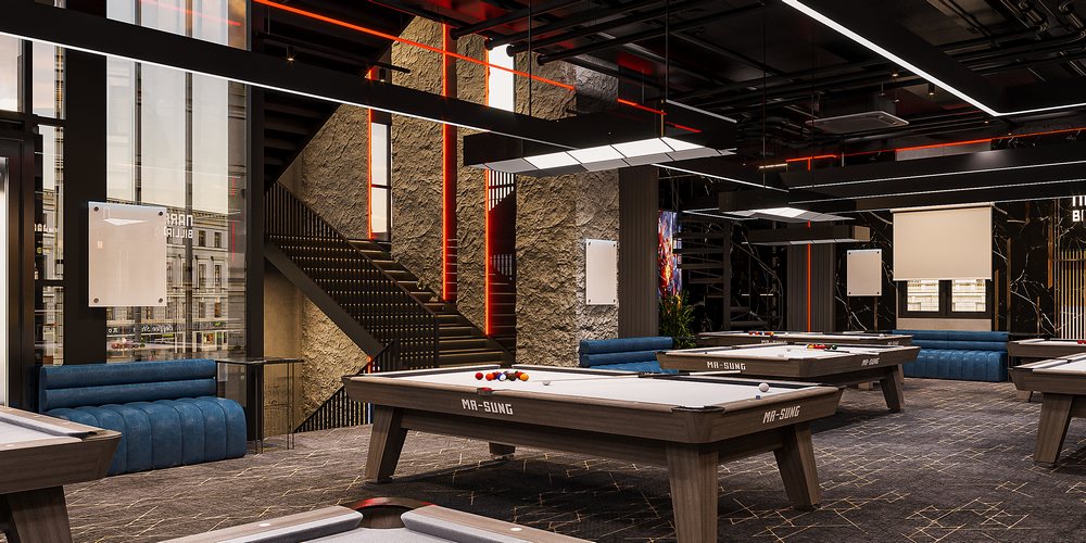 Góc nhìn tầng 2 Club Billiard NARRA với cầu thang đá, bàn bi-da MA-SUNG và ghế sofa xanh dương sang trọng.