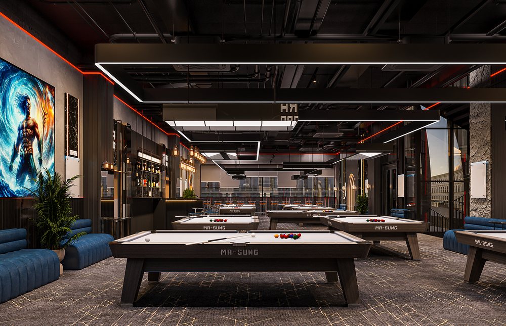 Không gian trung tâm Club Billiard tầng 2 – Dự án NARRA BILLIARDS, với bàn bida MA-SUNG và hệ đèn thả hiện đại.